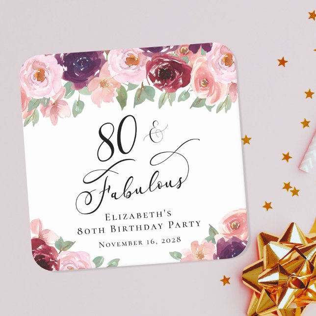 Elegant Floral 80th Birthday Party Square Paper Coaster (Creator Uploaded)