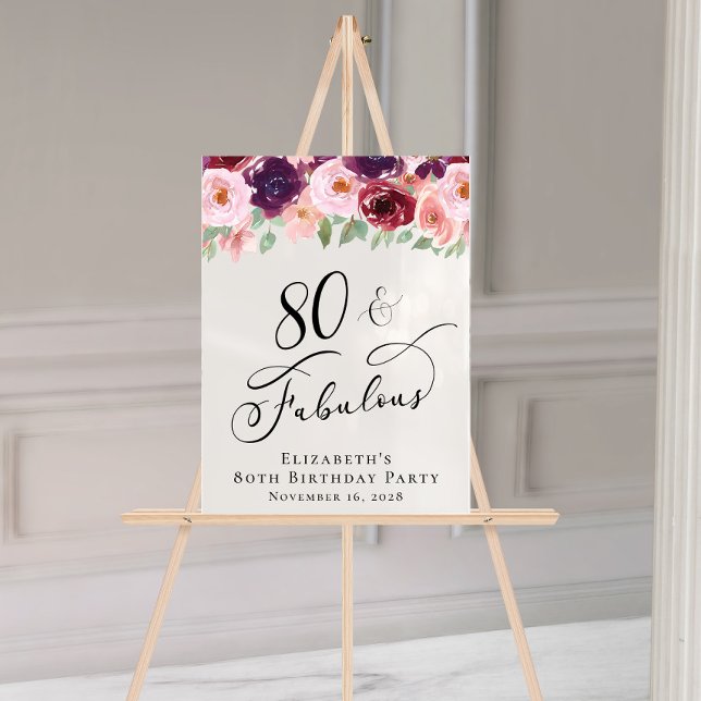 Elegant Floral 80th Birthday Party Welcome Acrylic Sign (Creator Uploaded)