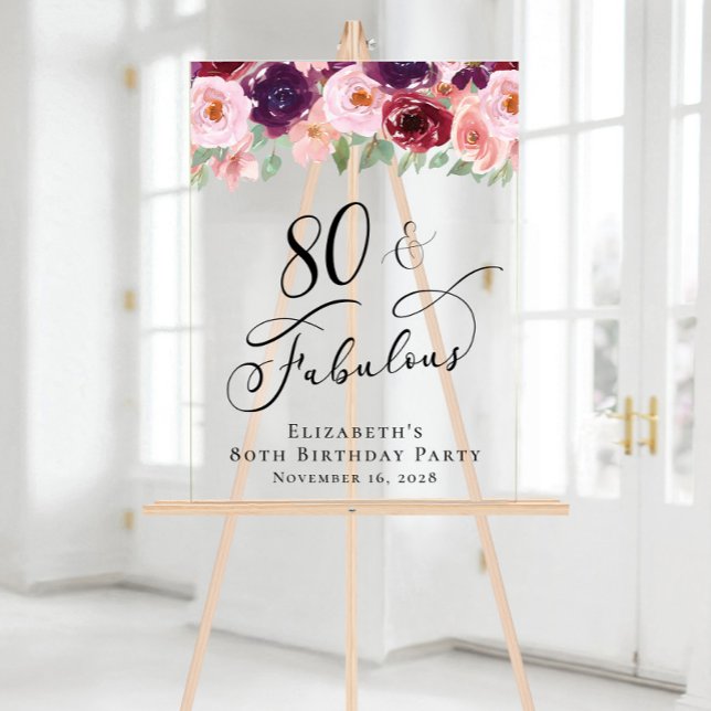 Elegant Floral 80th Birthday Party Welcome Clear Acrylic Sign (Creator Uploaded)