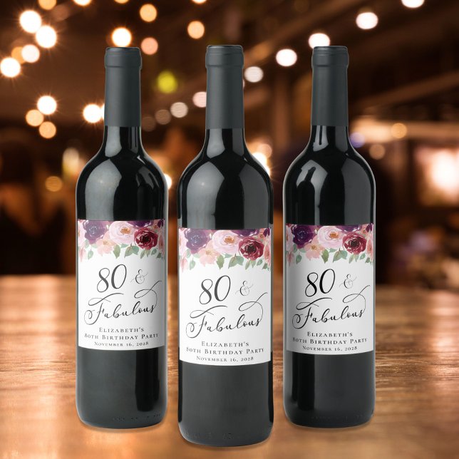 Elegant Floral 80th Birthday Party Wine Label (Creator Uploaded)