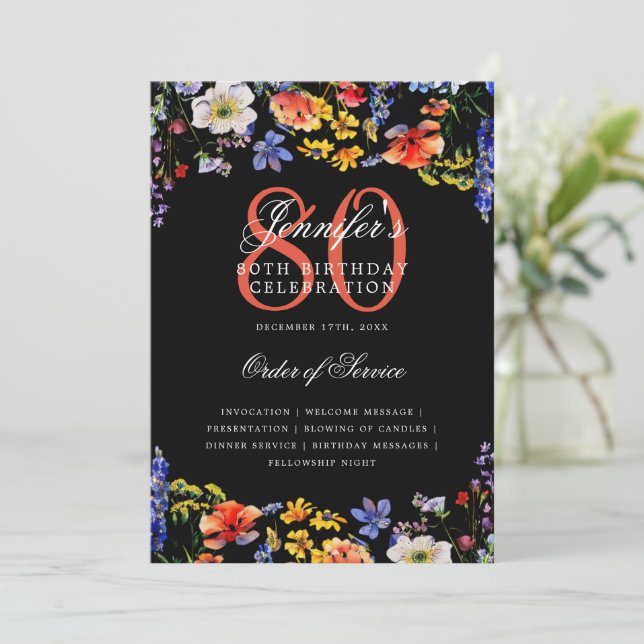 Elegant Floral 80th Birthday Program Menu Black Invitation (Standing Front)