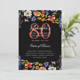 Elegant Floral 80th Birthday Program Menu Black Invitation