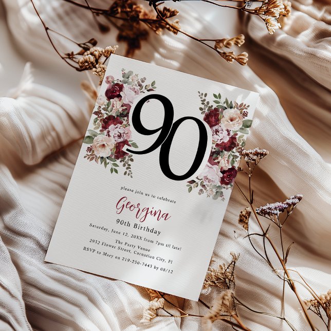 Elegant Floral 90th Birthday Invitation (Creator Uploaded)