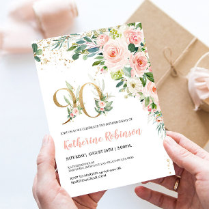 Elegant Floral 90th Birthday Invitation for Her