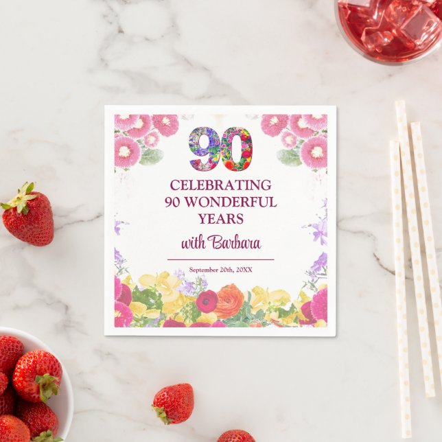 Elegant Floral 90th Birthday Party / 90 Years Napkin (Insitu)