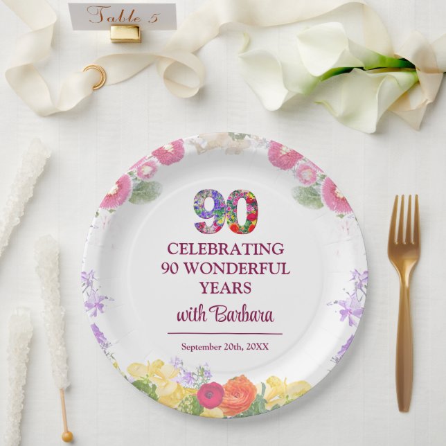 Elegant Floral 90th Birthday Party / 90 Years Paper Plate (Wedding)