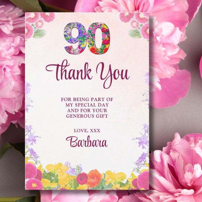 Elegant Floral 90th Birthday Party / 90 Years Thank You Card (Creator Uploaded)