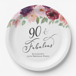 Elegant Floral 90th Birthday Party Paper Plate