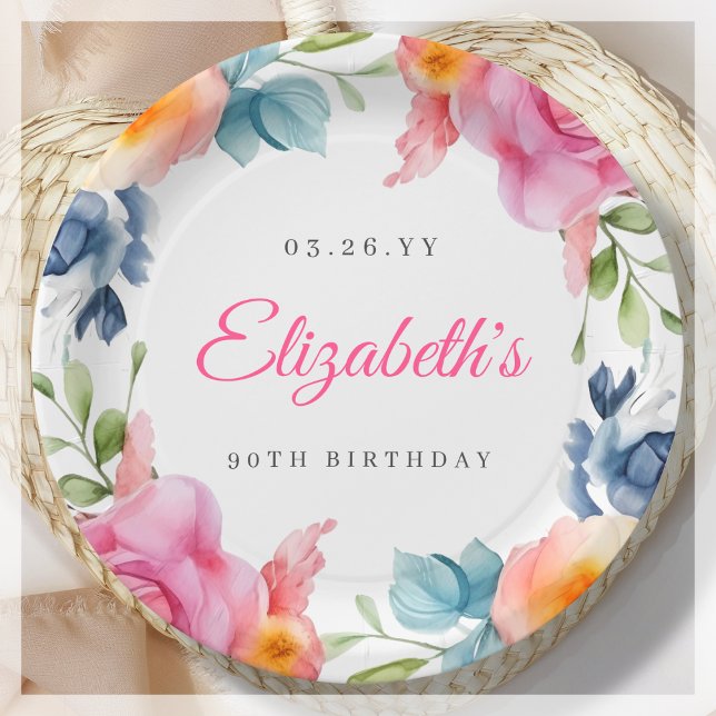 Elegant Floral 90th Birthday Party  Paper Plate (Creator Uploaded)