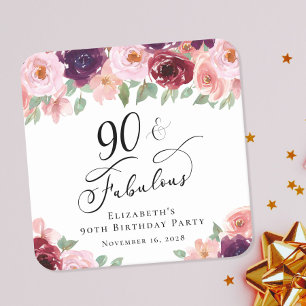 Elegant Floral 90th Birthday Party Square Paper Coaster