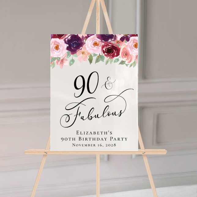 Elegant Floral 90th Birthday Party Welcome Acrylic Sign (Creator Uploaded)