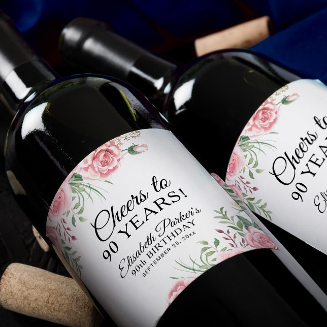 Elegant floral 90th birthday party  wine label (Creator Uploaded)