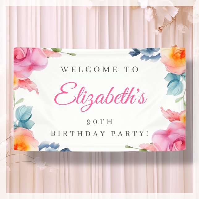 Elegant Floral 90th Birthday Welcome Banner (Creator Uploaded)