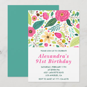 Elegant Floral 91st birthday invitations Colourful