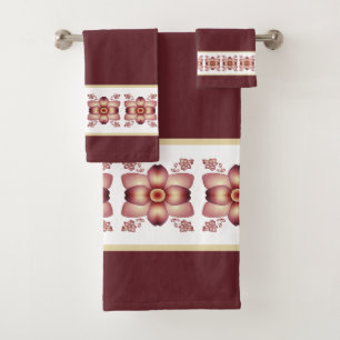 Elegant Floral Accented Burgundy Bath Towel Set