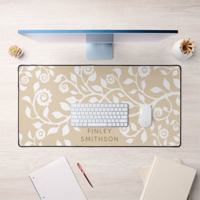   Elegant Floral Add Your Name Girly White And Tan Desk Mat (Office 1)