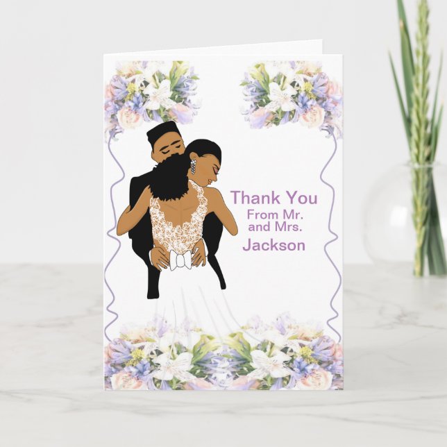 Elegant Floral African American Wedding Thank You Card (Front)