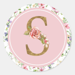 Elegant Floral alphabet, gold letter with initial Classic Round Sticker