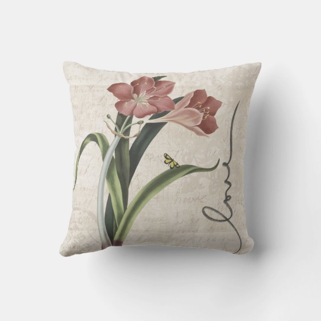 "Elegant Floral Amaryllis and Script Design Pillow (Back)