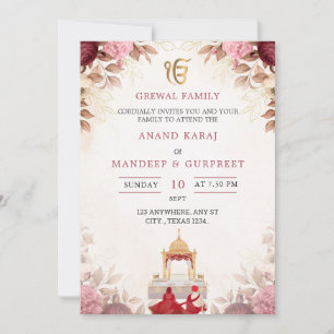 Elegant Floral Anand Karaj Sikh Wedding Invitation