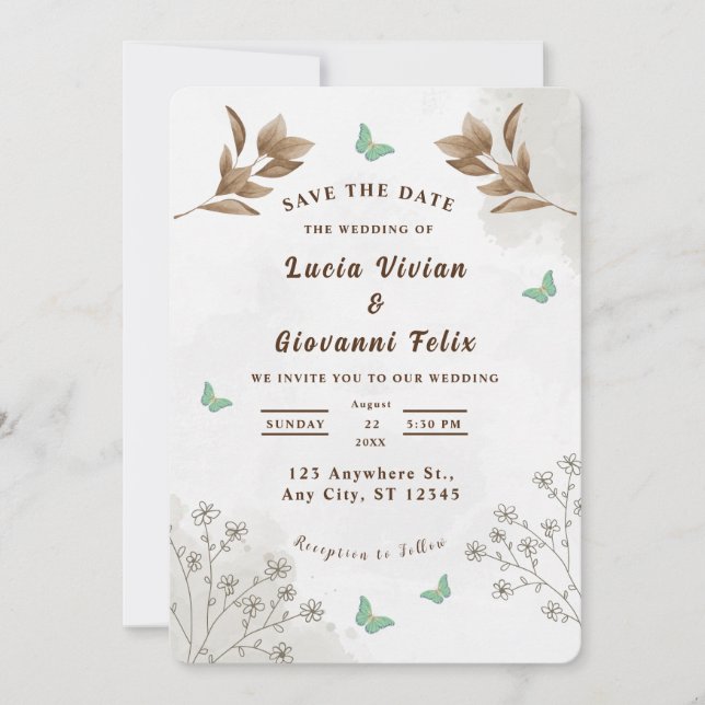 Elegant floral and butterfly wedding invitation (Front)