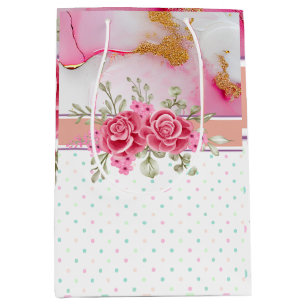 Elegant Floral and Gold Marble With a White, Pink Medium Gift Bag
