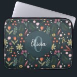 Elegant Floral and Modern Monogram Botanical Laptop Sleeve<br><div class="desc">This elegant and modern floral laptop sleeve design features cute orange,  green and blue flowers,  with green botanical plants and a navy blue background,  and has space for you to add a name and initial in a hand-written font. The perfect chic colourful monogram gift for any flower lover.</div>