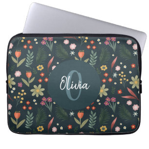 Elegant Floral and Modern Monogram Botanical Laptop Sleeve