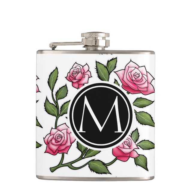 Elegant Floral and Monogram Hip Flask (Front)