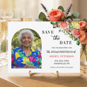 Elegant Floral and Photo 102nd Birthday Party Save The Date