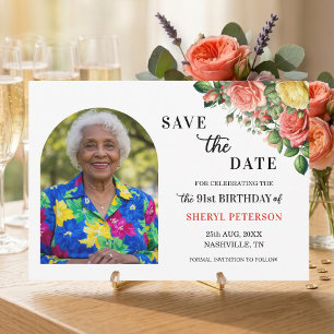 Elegant Floral and Photo 91st Birthday Party Save The Date