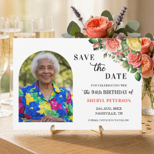 Elegant Floral and Photo 94th Birthday Party Save The Date
