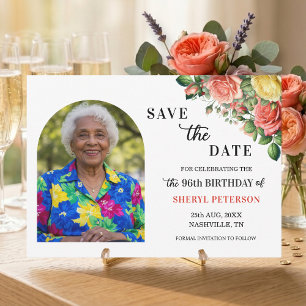 Elegant Floral and Photo 96th Birthday Party Save The Date