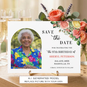 Elegant Floral and Photo 97th Birthday Party  Save The Date