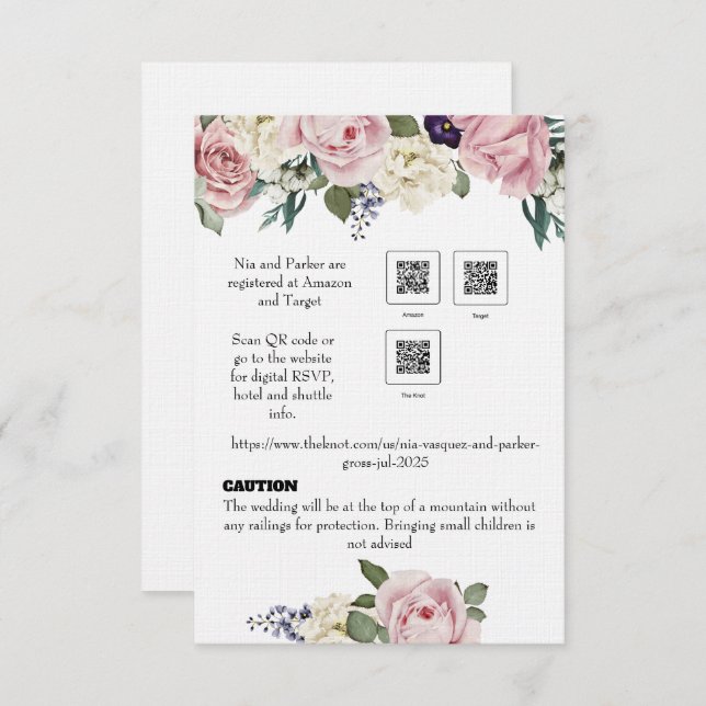 Elegant floral and scipt note card.  RSVP card (Front/Back)