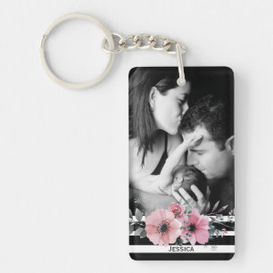 Elegant Floral and Stripes Custom Photo Key Ring