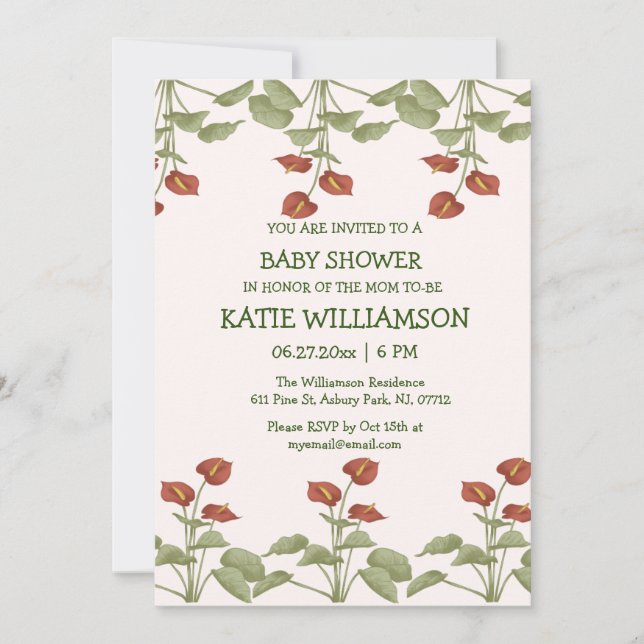 Elegant floral anthurium baby shower add details  invitation (Front)