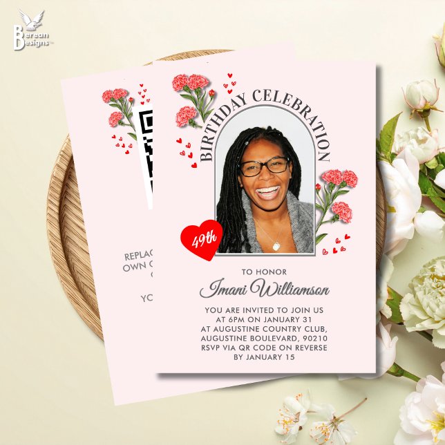 Elegant Floral ANY AGE Photo JANUARY Birthday  Invitation (JANUARY birth month flower birthday invitation with customizable photo and text)