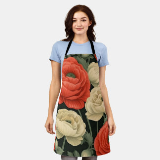 Elegant Floral apron (peach, sage, cream, black)