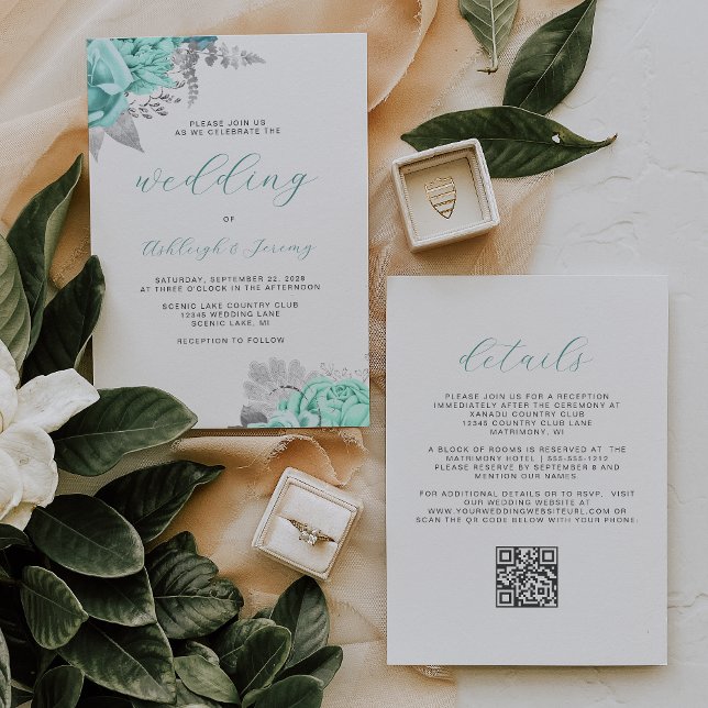 Elegant Floral Aqua Silver QR Code Wedding Invitation (Creator Uploaded)