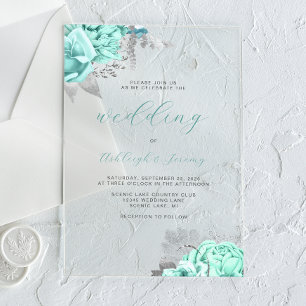 Elegant Floral Aqua Silver Script Wedding Acrylic Invitations