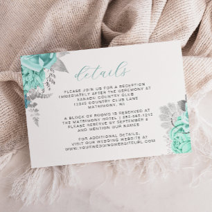 Elegant Floral Aqua Silver Script Wedding Details Enclosure Card