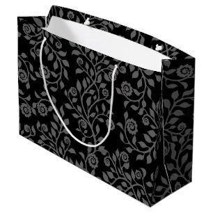 Elegant Floral Arabesques Pattern Black Grey Large Gift Bag