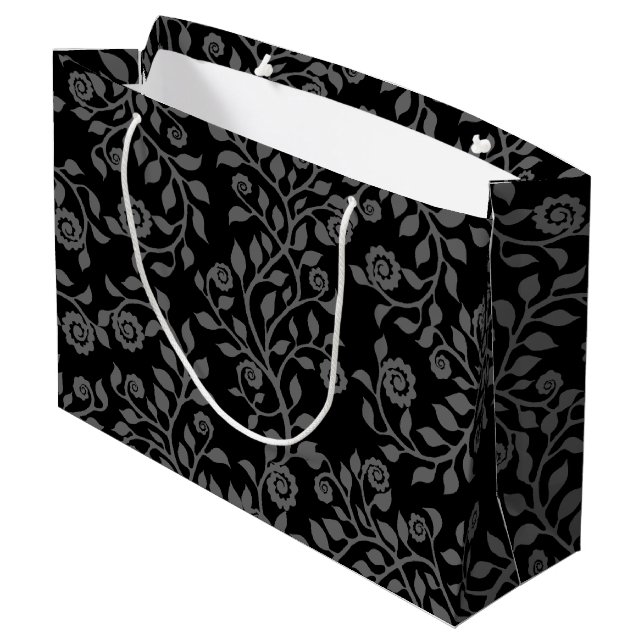 Elegant Floral Arabesques Pattern Black Grey Large Gift Bag (Back Angled)