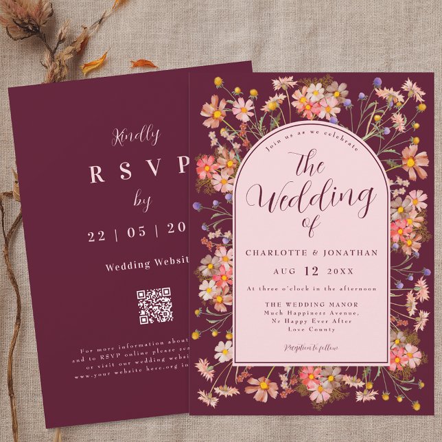 Elegant Floral Arch Burgundy Blush Pink Wedding Invitation (Wildflower floral arch burgundy blush pink Wedding qr code invitation)