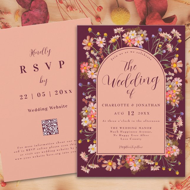 Elegant Floral Arch Burgundy Fall Wedding Invitation (Elegant wildflower arch burgundy fall wedding invitation with RSVP website qr code)