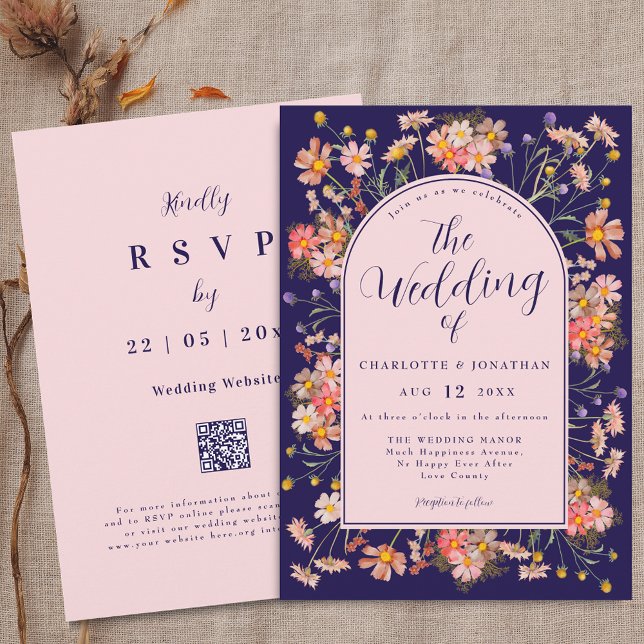 Elegant Floral Arch Navy Blue Blush Pink Wedding Invitation (Elegant Wildflower watercolor floral arch navy blue blush pink Wedding qr code invitation)