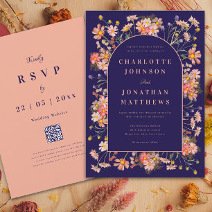 Elegant Floral Arch Navy Terracotta Fall Wedding Invitation