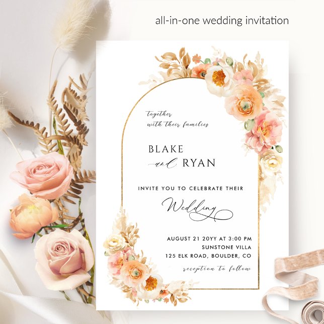 Elegant Floral Arch Peach and Blush Pink Wedding Invitation (Creator Uploaded)