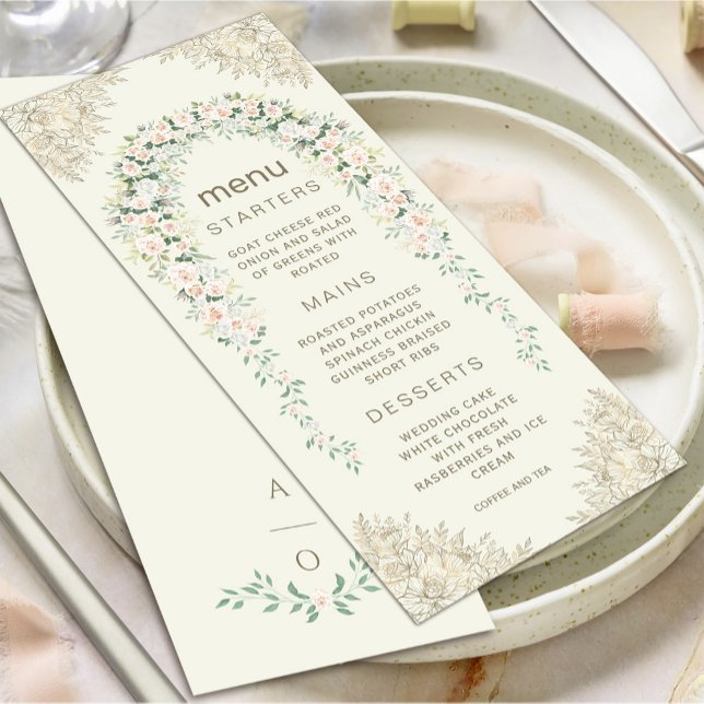 Elegant Floral Arch Wedding Menu Invitation (Elegant Floral Arch Wedding Menu Invitation #zazzlefinds #softcolormenu #decorativegoldframe #floral)